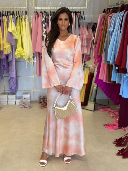 Batik-Kleid aprikot/weiß satinoptik One Size