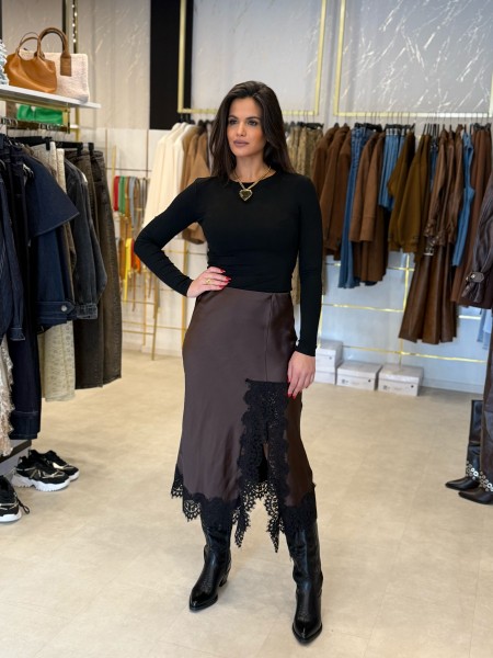 Satin-Rock braun mit Spitze schwarz One Size