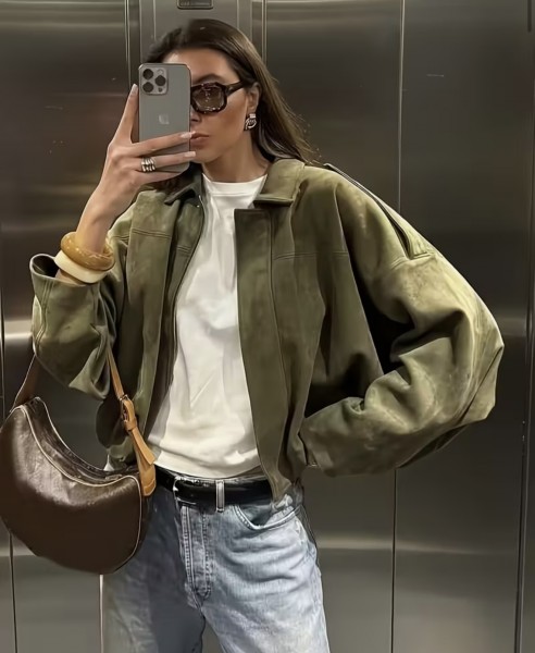 Oversize Jacke Wildleder Optik khaki